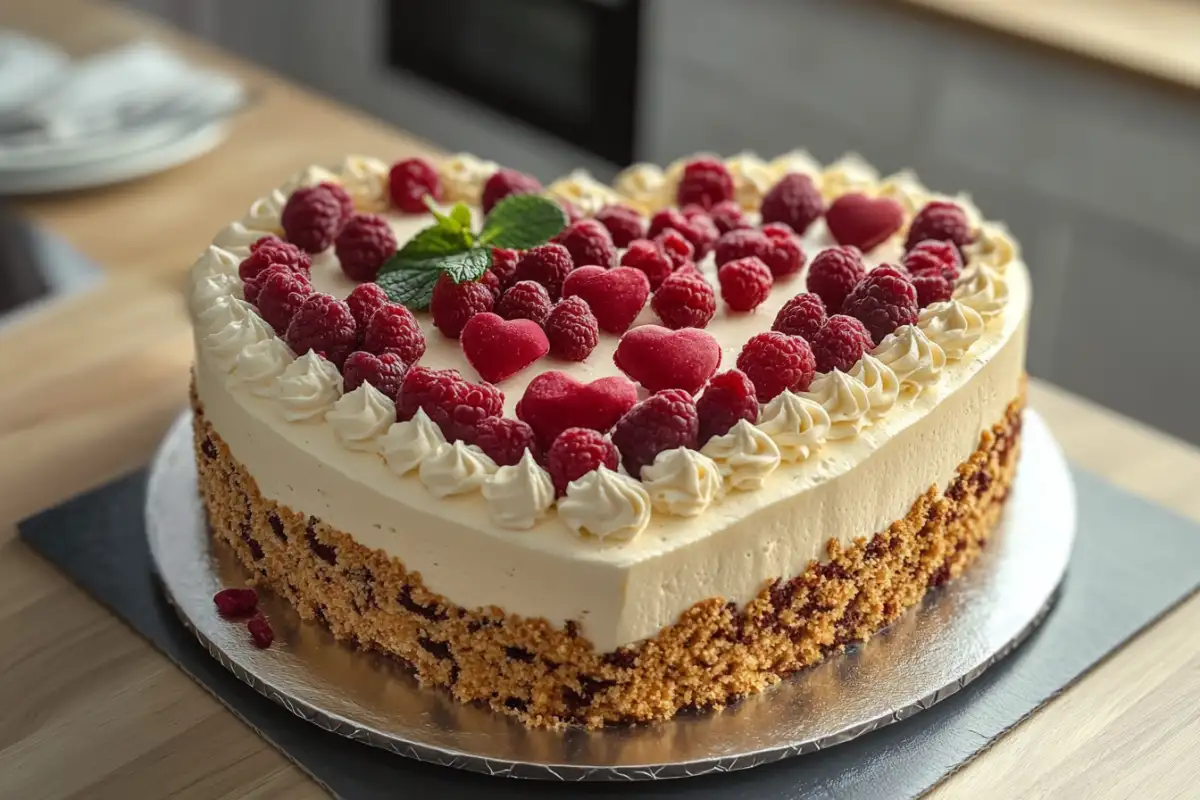 Heart-shaped cake decorated with withe and brown frosting on a white plate