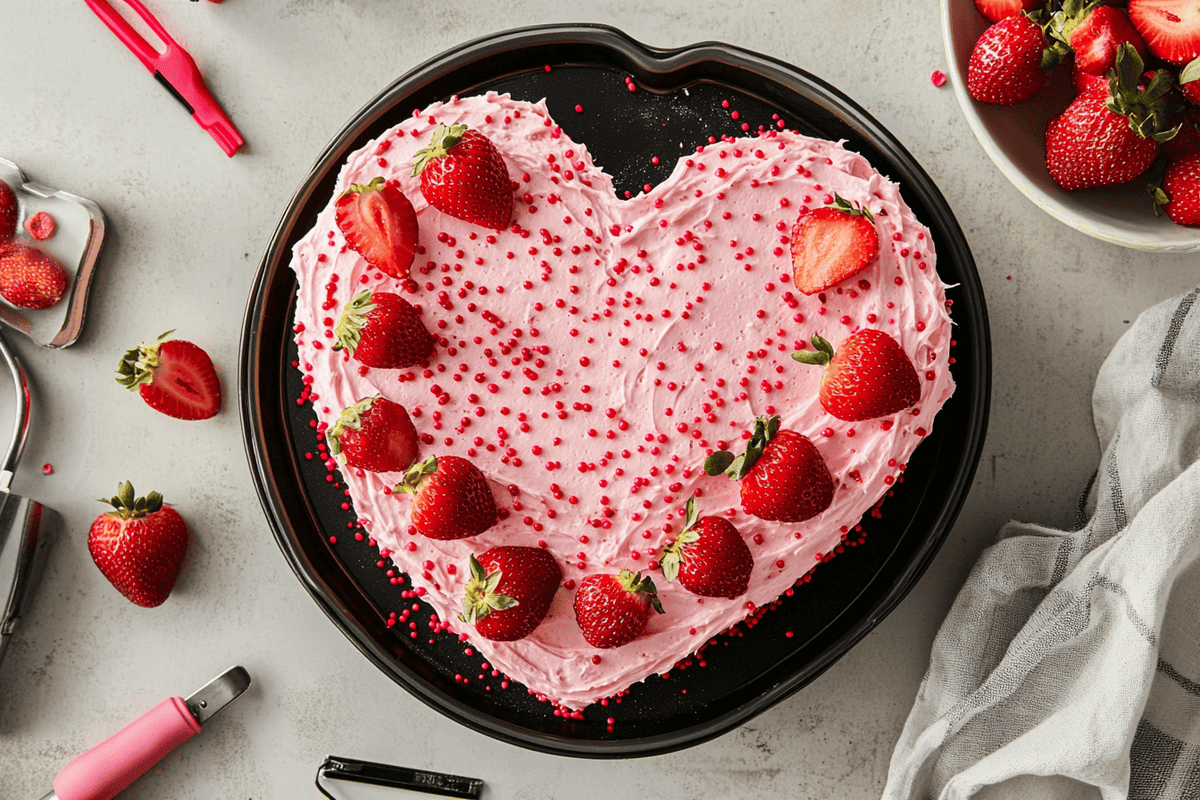 Heart-shaped cake made without a heart-shaped pan, on a serving platter