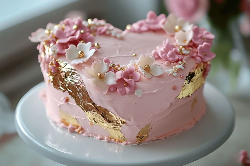 Heart-shaped cake made using foil mold with pink frosting