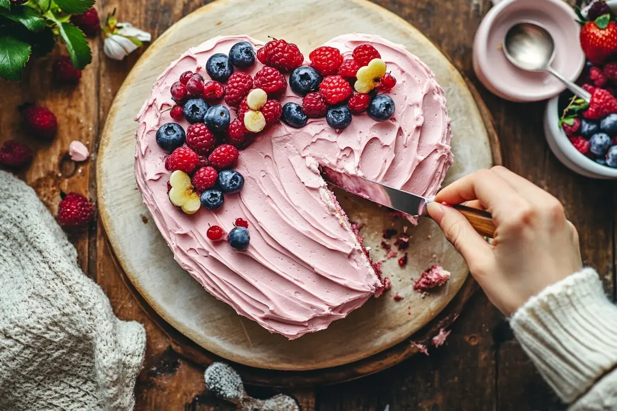 Cutting a heart-shaped cake into equal slices with a serrated knife