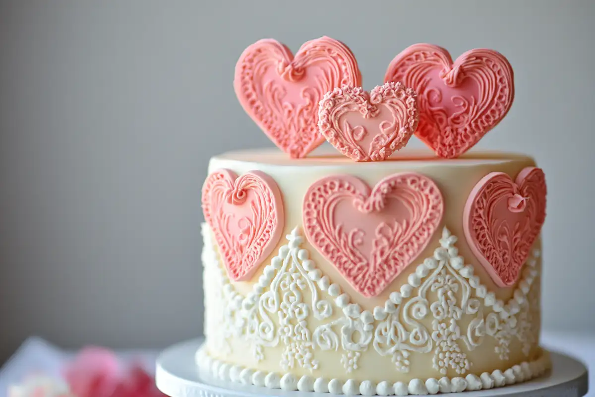 Piped hearts on a buttercream cake with a piping tip