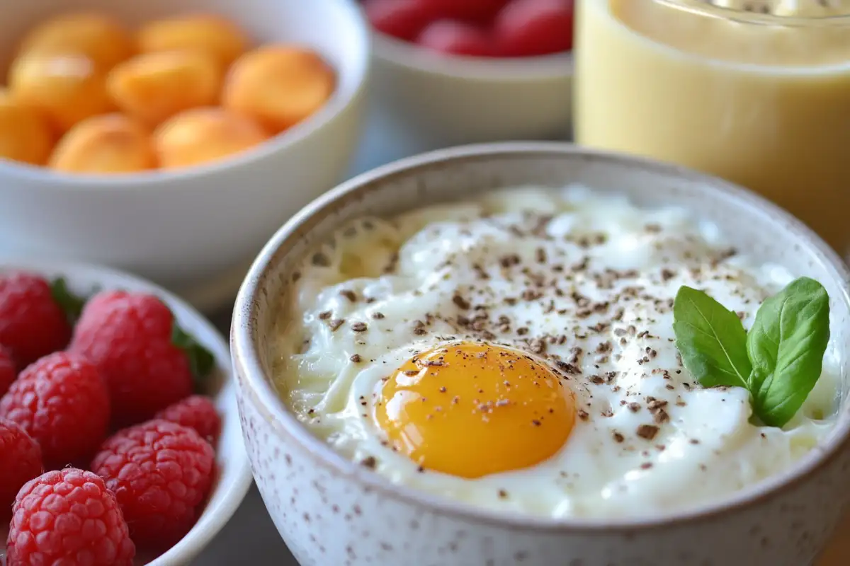 High-protein breakfast with eggs, Greek yogurt, and fresh berries