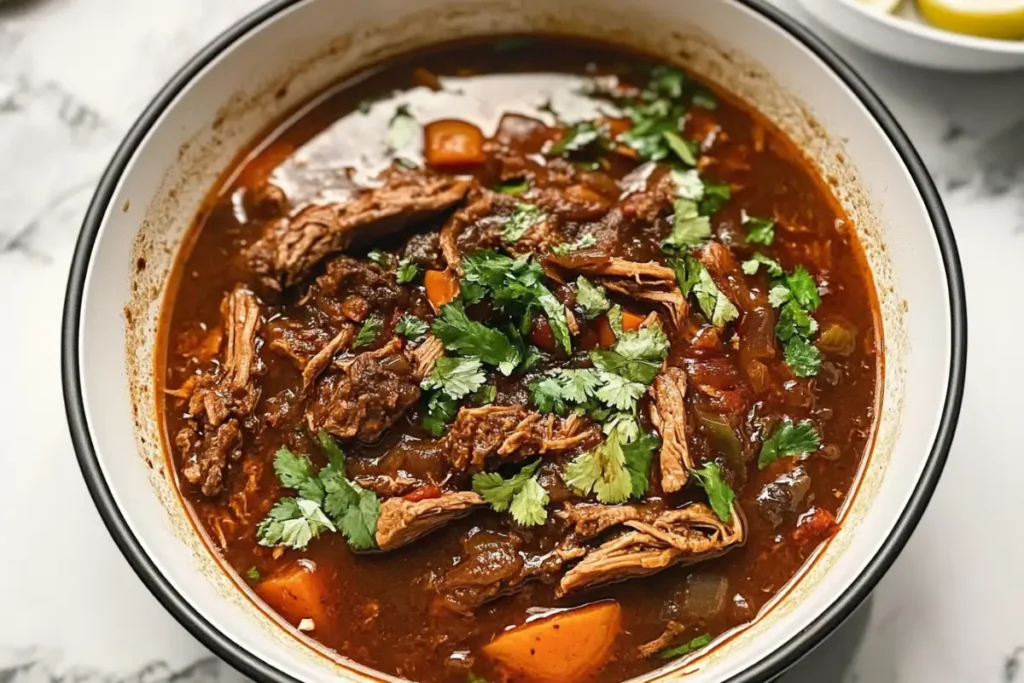 Is birria just barbacoa? A plate of rich birria stew with tortillas