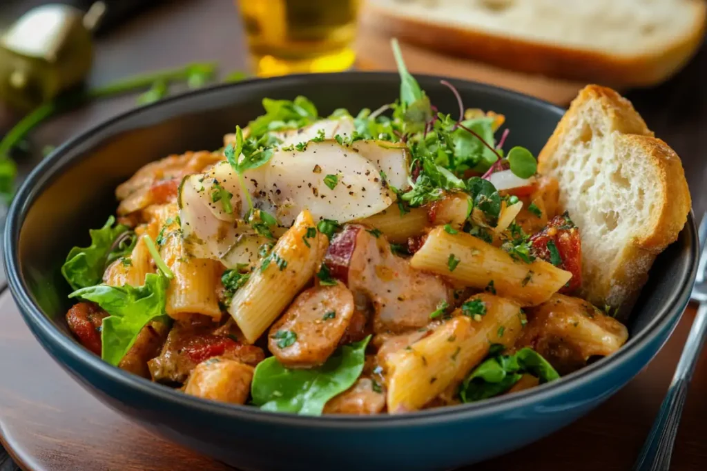 A bowl of pastalaya served with fresh salad and garlic bread