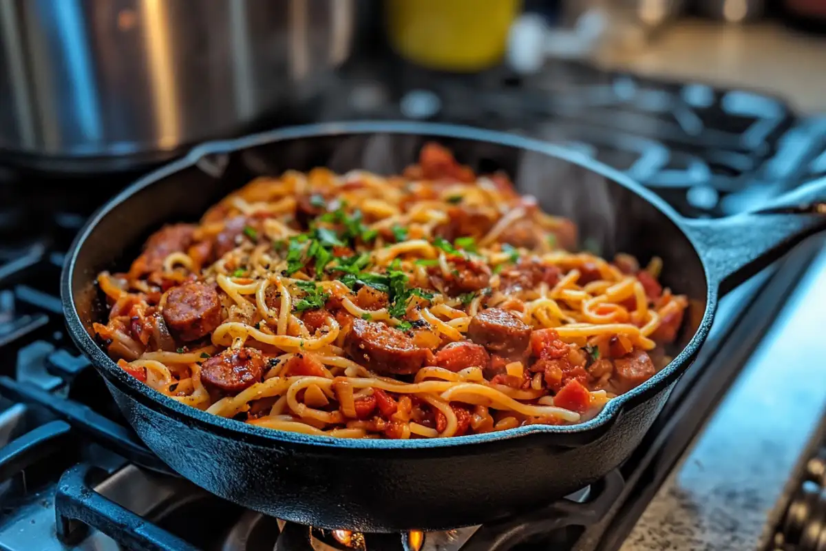 Traditional pastalaya dish with sausage and pasta in a cast-iron pot