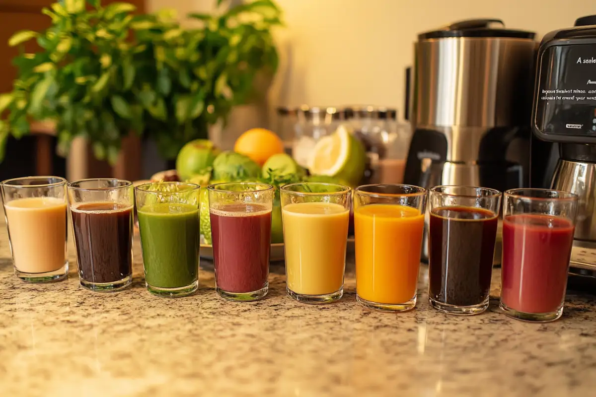 Different breakfast drinks like coffee, green tea, smoothies, and juice on a table