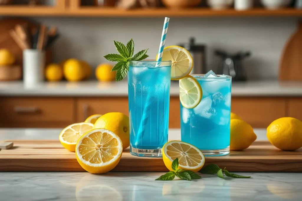 A glass of blue lemonade garnished with lemon slices and mint