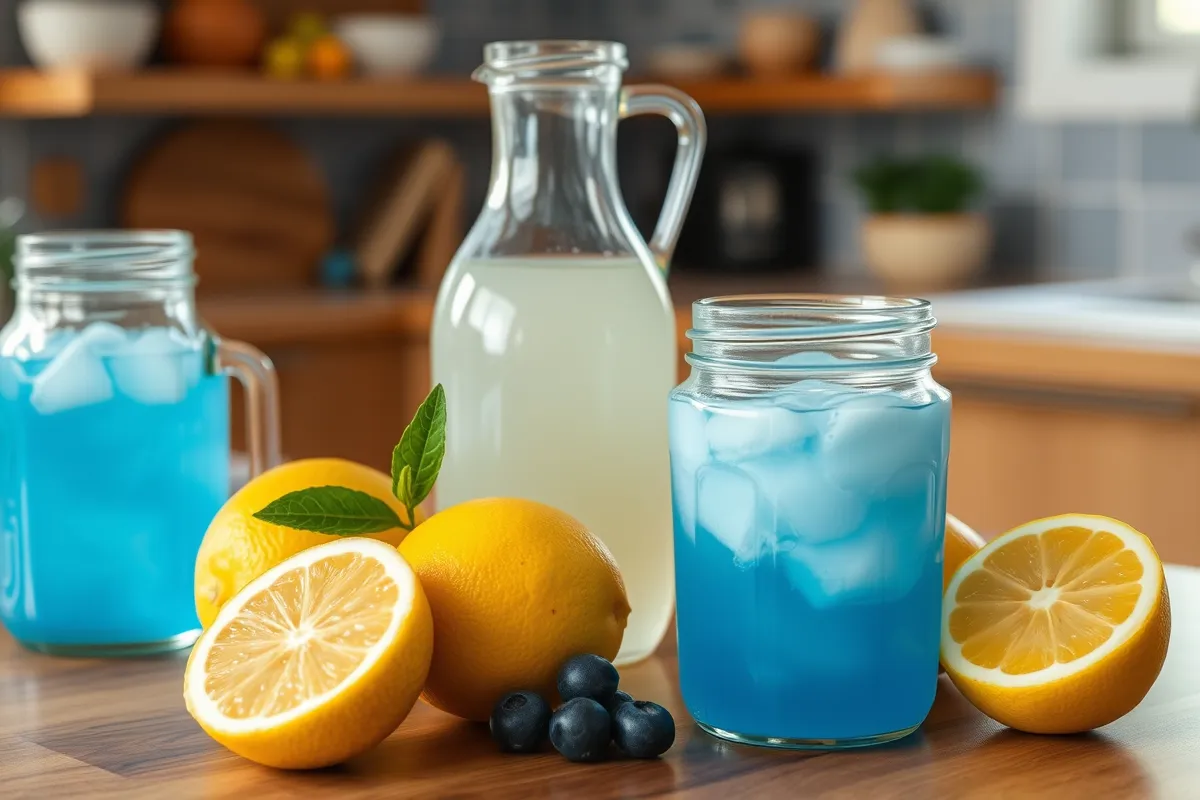 Glass of blue lemonade garnished with lemon slices - What is blue lemonade made of?