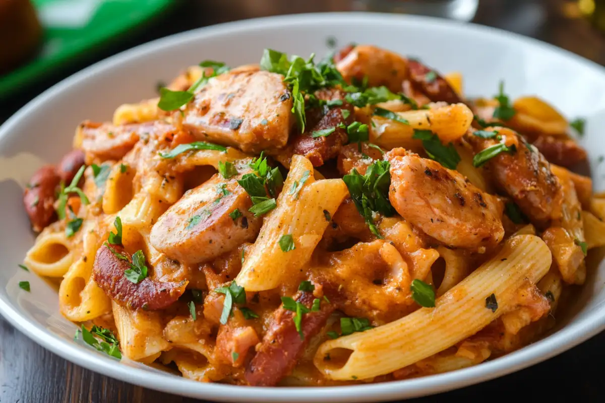 A bowl of flavorful pastalaya with sausage, chicken, and pasta