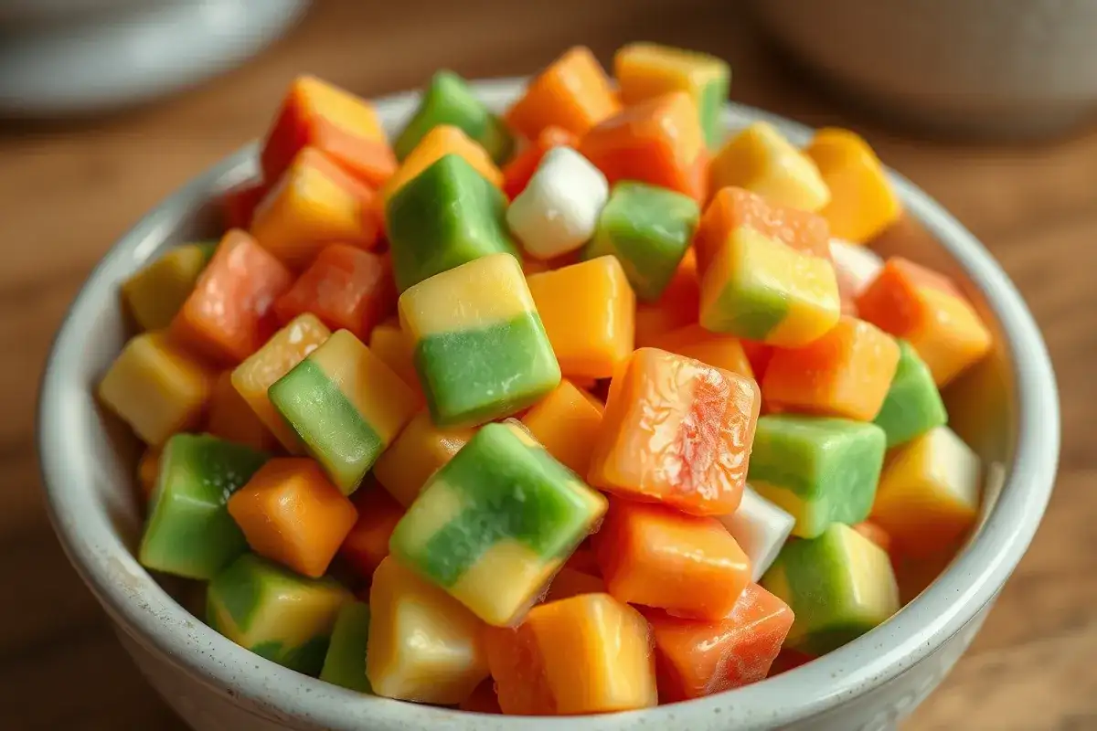 Candy corn pieces in a bowl showcasing the tricolor pattern