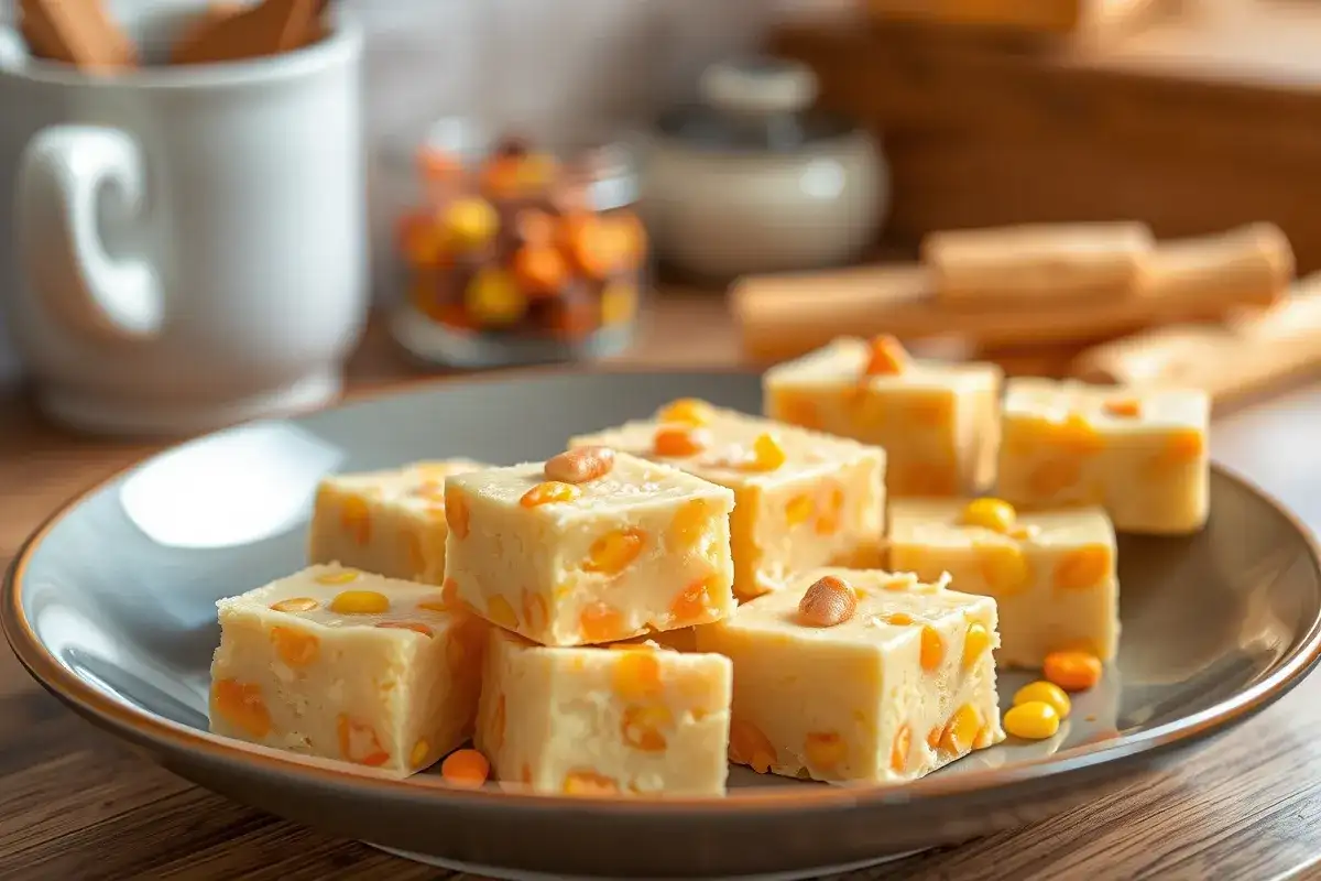 Candy corn fudge squares arranged on a Halloween-themed platter