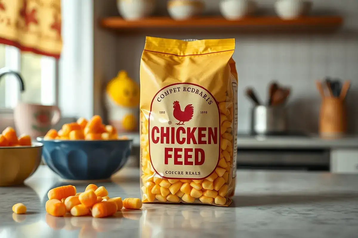 Vintage packaging of candy corn labeled as Chicken Feed