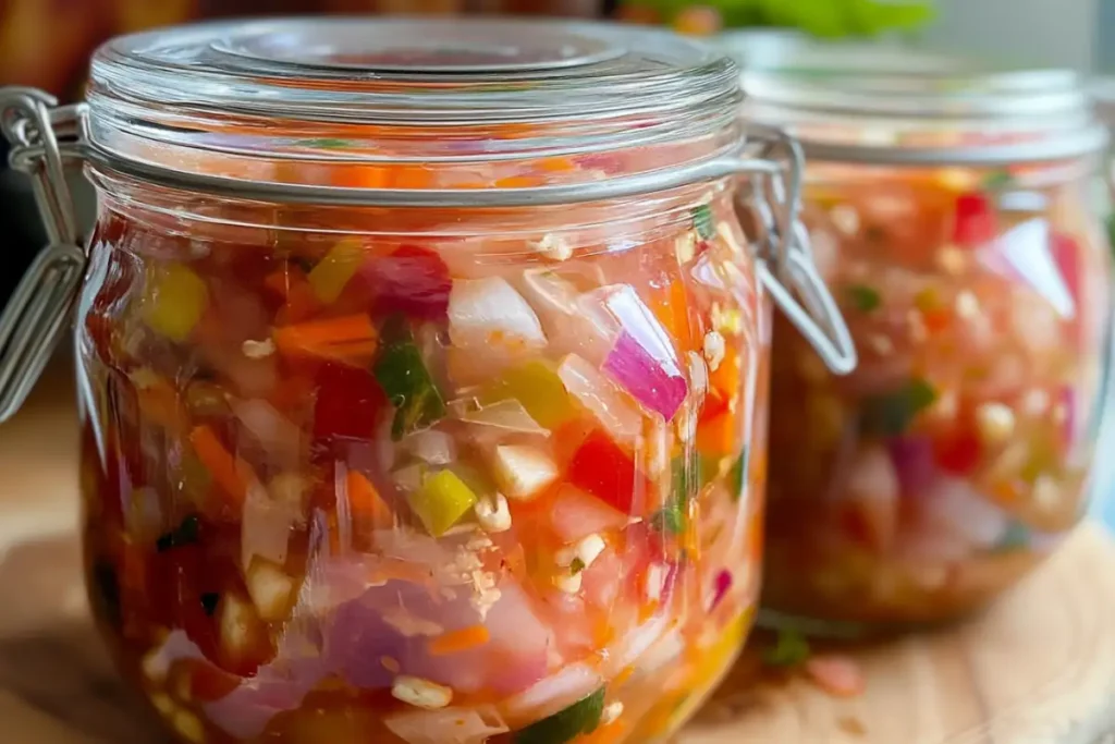 Chow chow relish in a jar with fresh vegetables on a wooden table