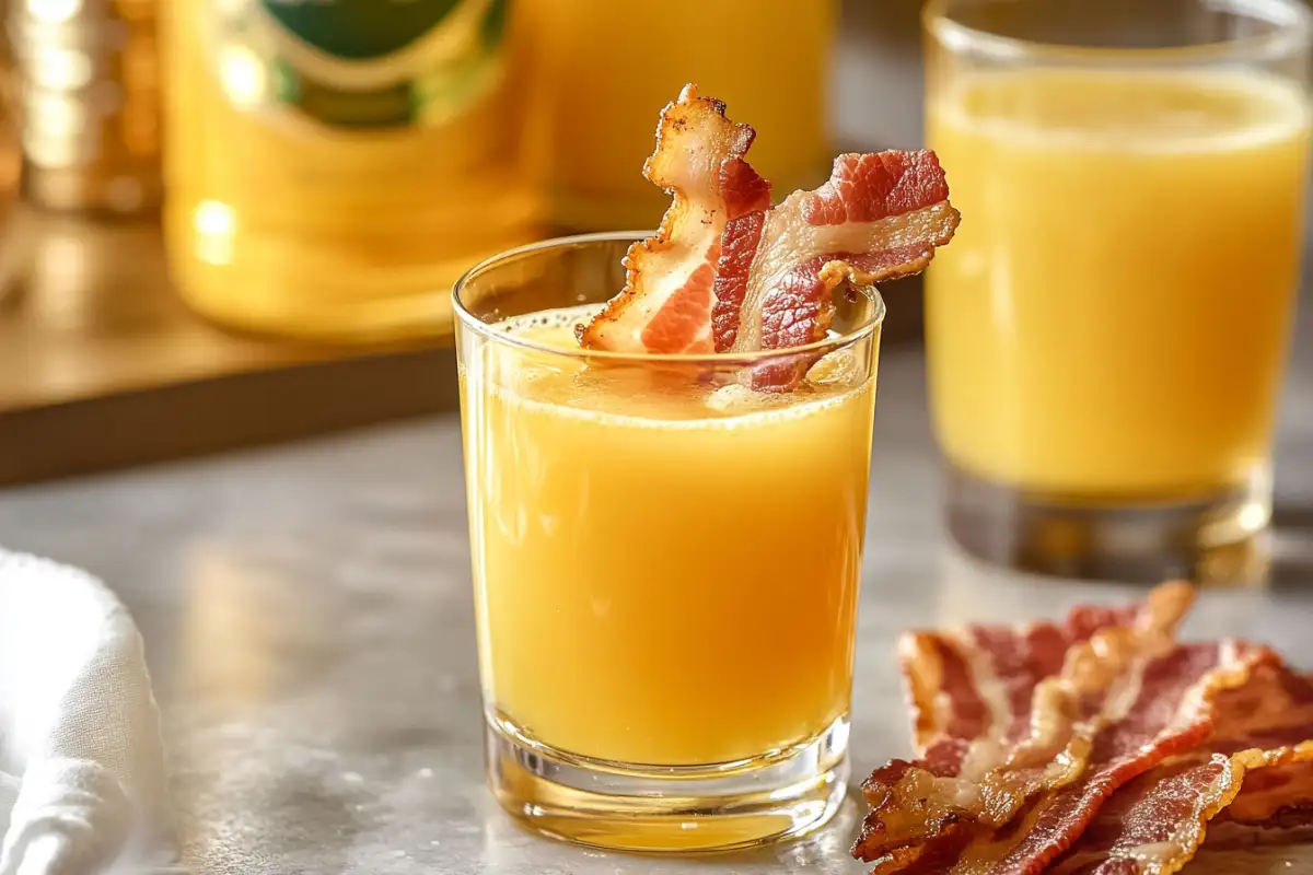 Breakfast shot with whiskey, butterscotch schnapps, orange juice, and bacon