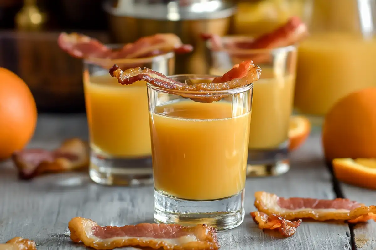 A classic breakfast shot with whiskey, butterscotch schnapps, orange juice, and crispy bacon