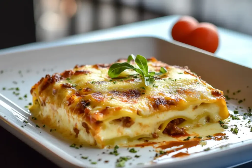 Lasagne layers with meat sauce and cheese in a baking dish