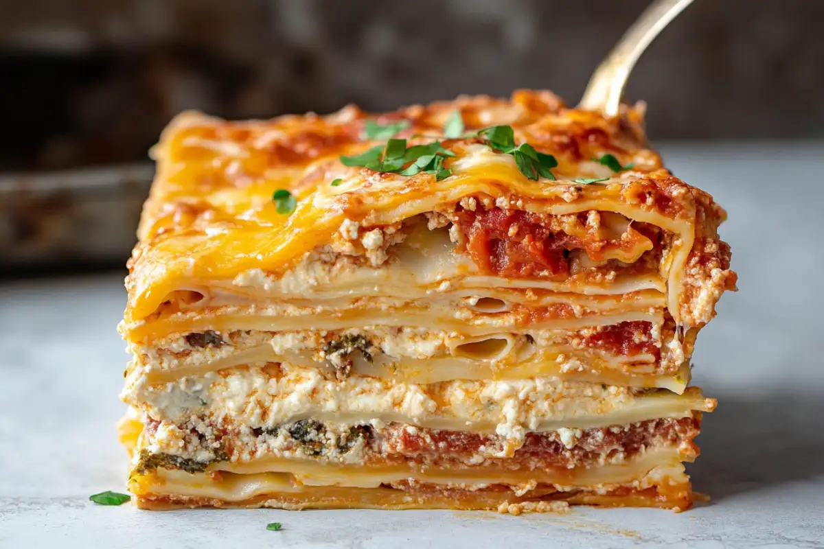 Cold lasagna slice showing layers of pasta, cheese, and sauce