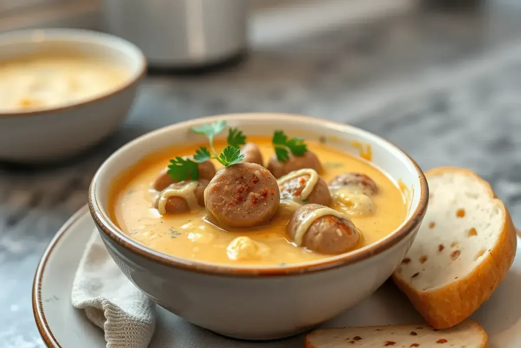 A bowl of creamy parmesan italian sausage soup garnished with fresh parsley