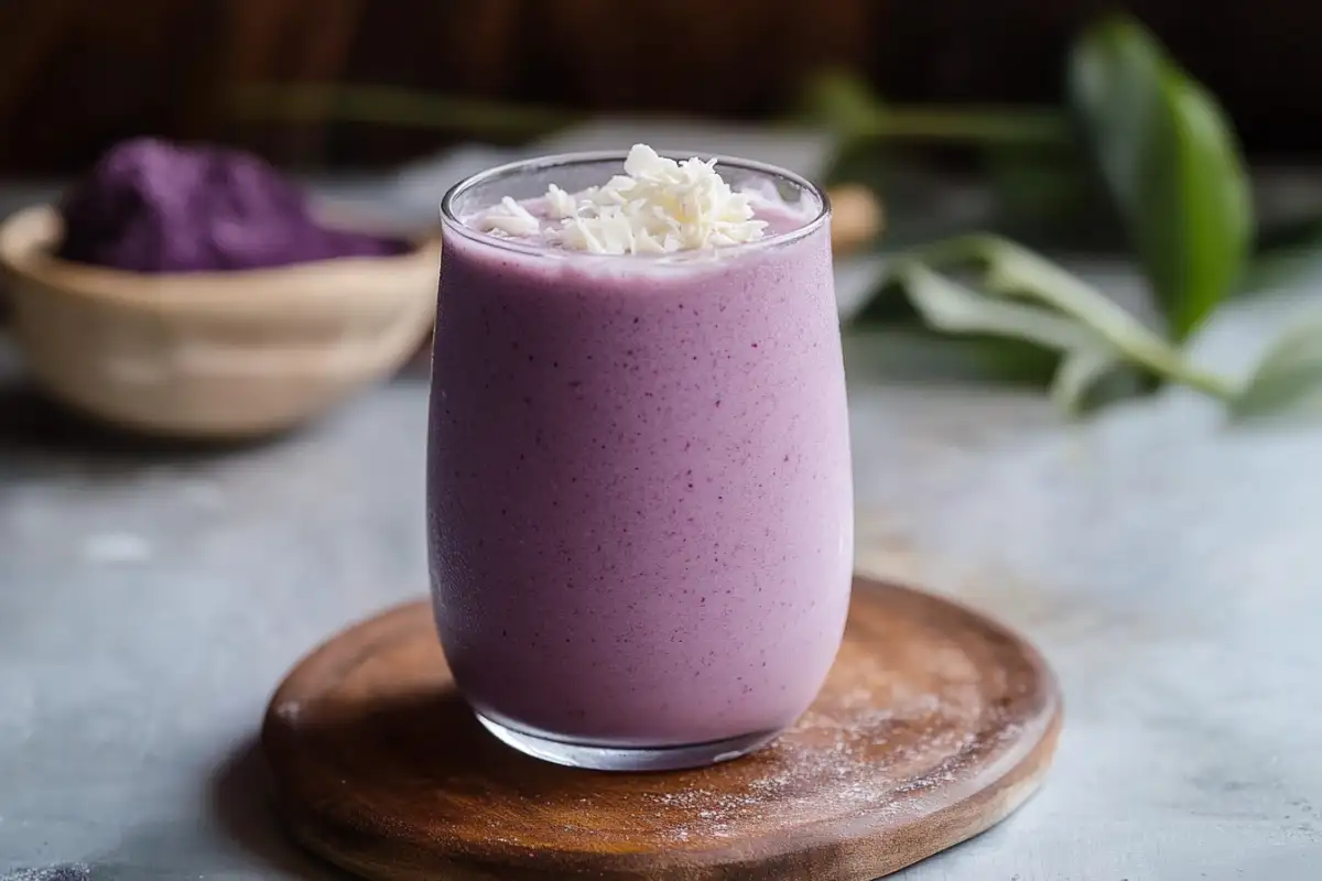 Creamy taro smoothie in a tall glass