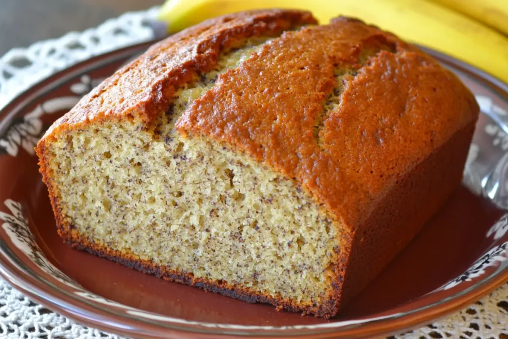 3 ingredient banana bread loaf sliced on a wooden cutting board