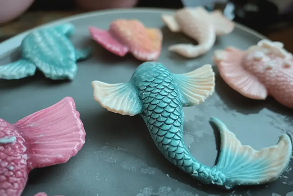 How to make edible mermaid tails - beautifully decorated edible mermaid tails on a platter.