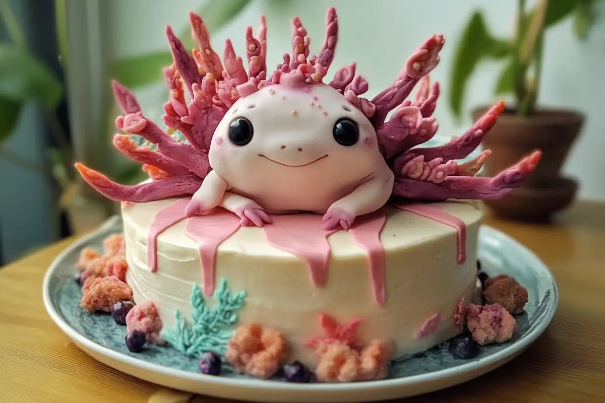 What is an axolotl cake? featuring a beautifully decorated axolotl-themed dessert.