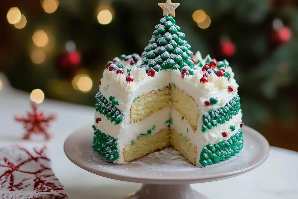 Tree-shaped christmas tree cake decorated with icing