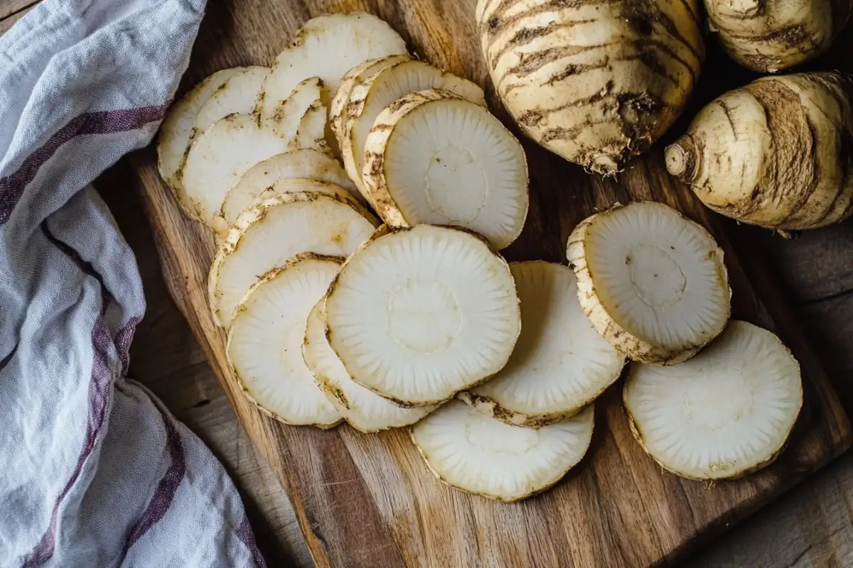 Fresh taro root sliced on a cutting board – what does taro taste like?