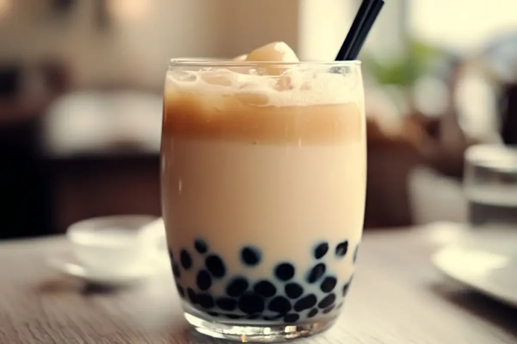 Close-up overhead shot of jasmine milk tea in a clear mug