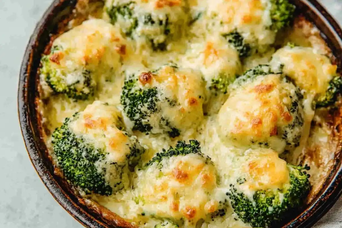 A healthy bowl of broccoli topped with melted cheese.