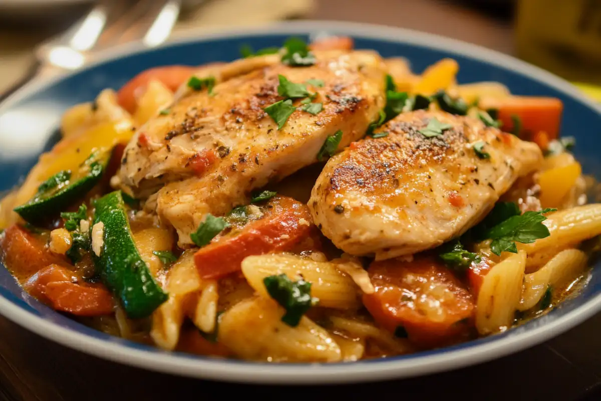 A bowl of pastalaya with pasta, chicken, and vegetables