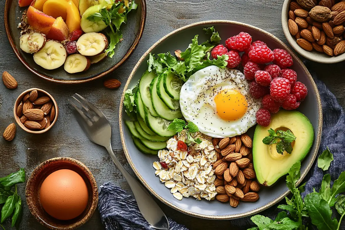 A table with various high-protein breakfast foods including eggs, yogurt, and smoothies