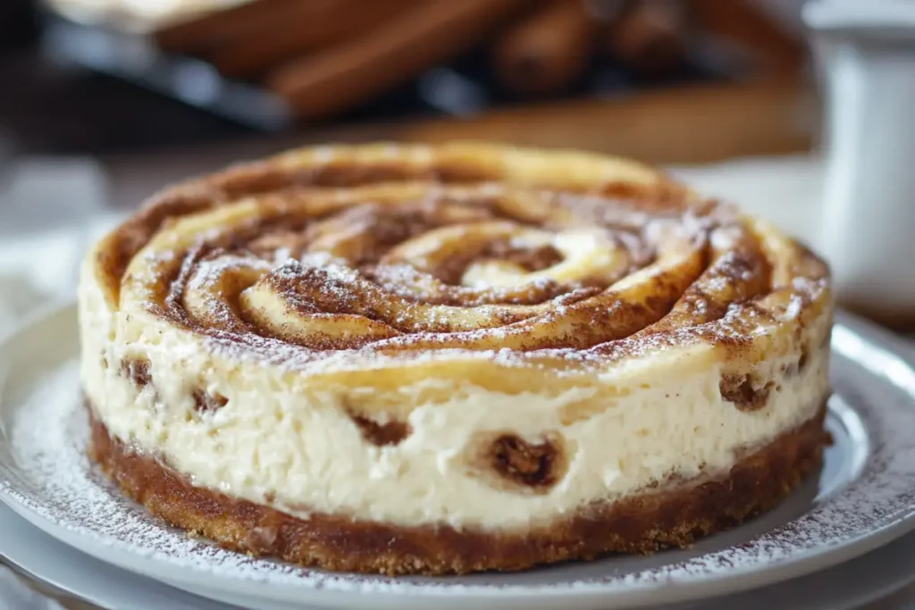 Delicious cinnamon roll cheesecake freshly baked and topped with cinnamon swirls.