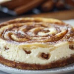 Delicious cinnamon roll cheesecake freshly baked and topped with cinnamon swirls.