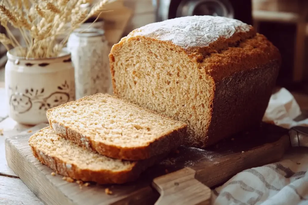 Sliced wheatberry bread loaf on a cutting board