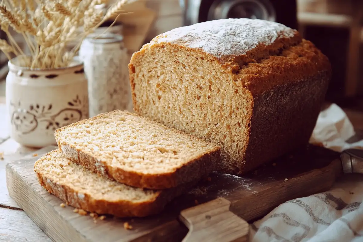 Sliced wheatberry bread loaf on a cutting board