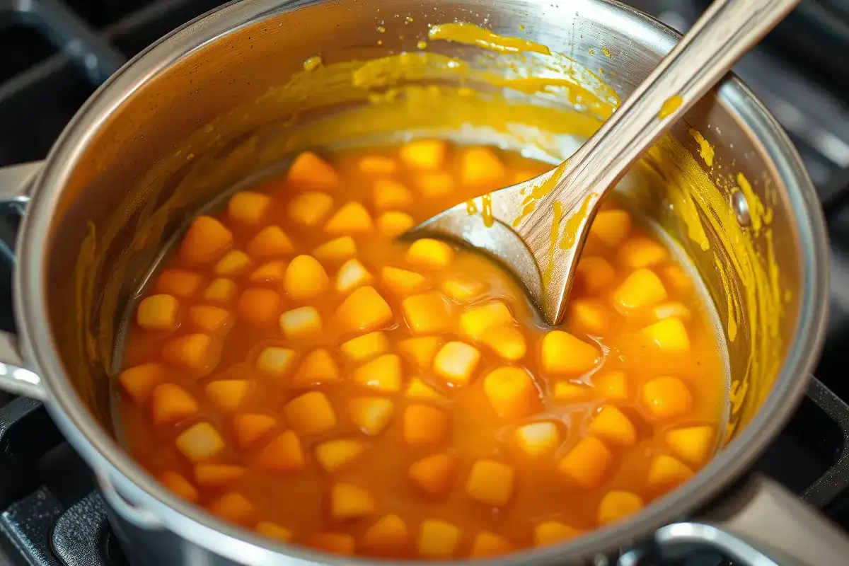 Melted candy corn being stirred in a saucepan