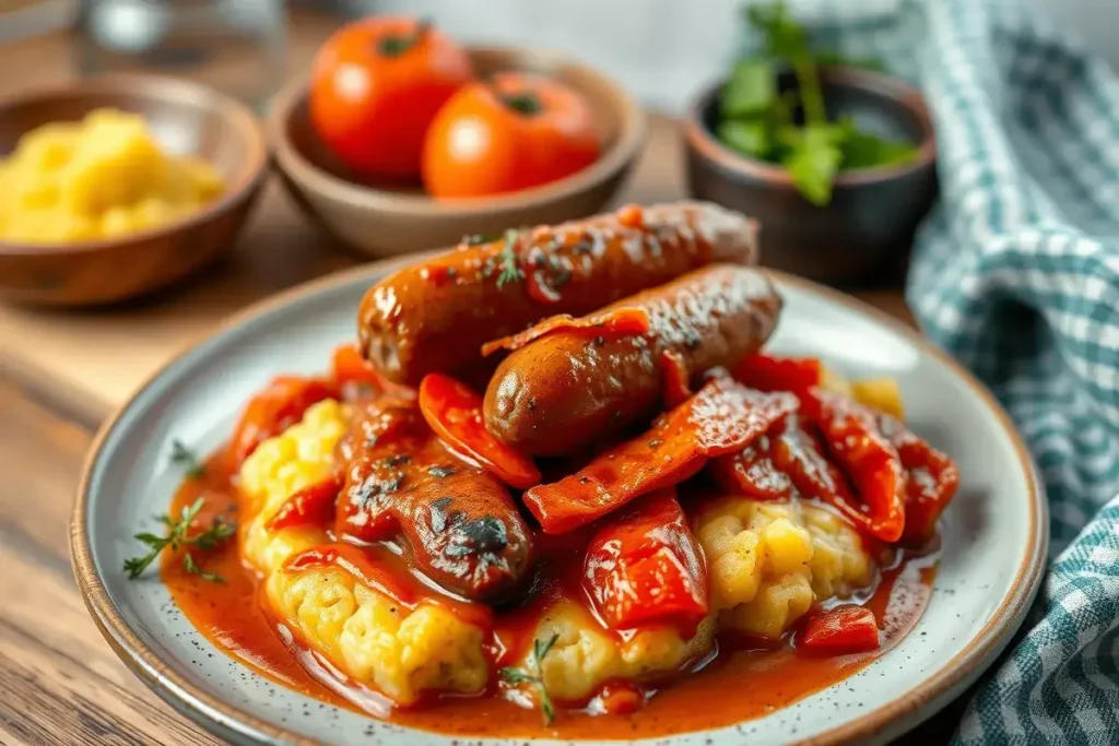 A plate of Italian sausage served with roasted peppers, fresh herbs, and creamy polenta, highlighting what compliments Italian sausage?