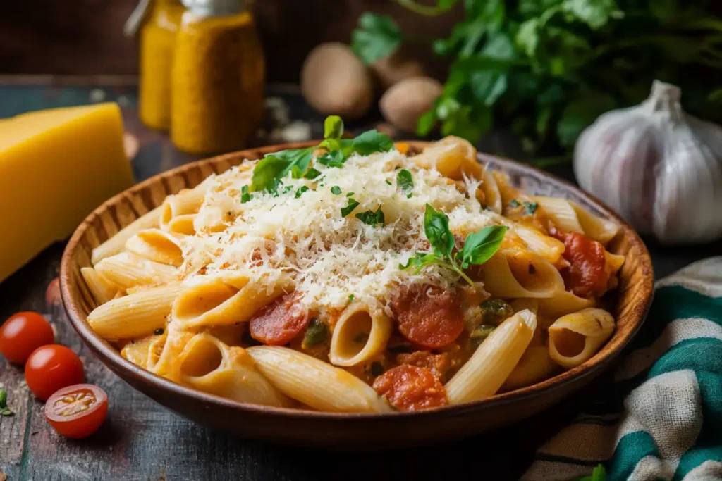 A hearty bowl of pastalaya with chicken, sausage, and pasta