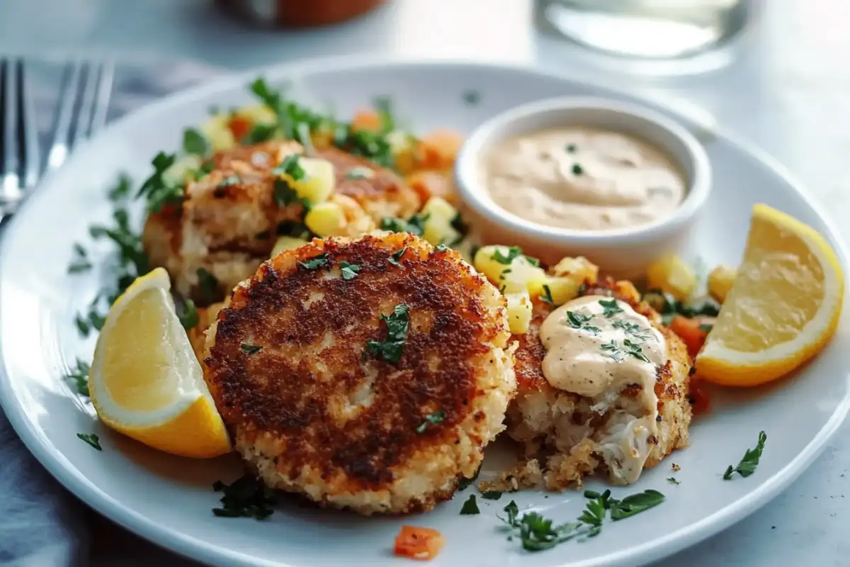 what goes well with crab cakes for dinner? plate of crab cakes with vibrant sides