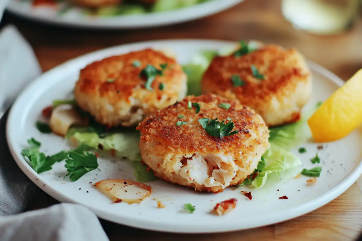 Delicious crab cakes holding their shape on a plate, preventing them from falling apart when cooking.