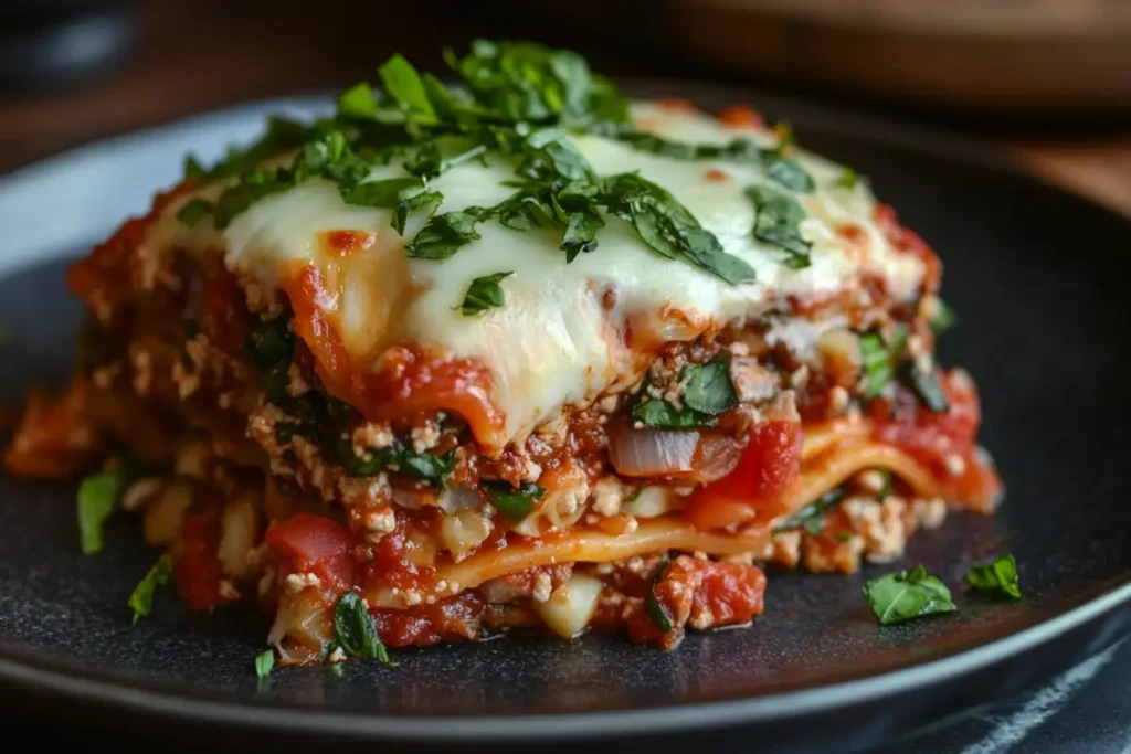 Layered lasagna with perfectly cooked noodles and melted cheese