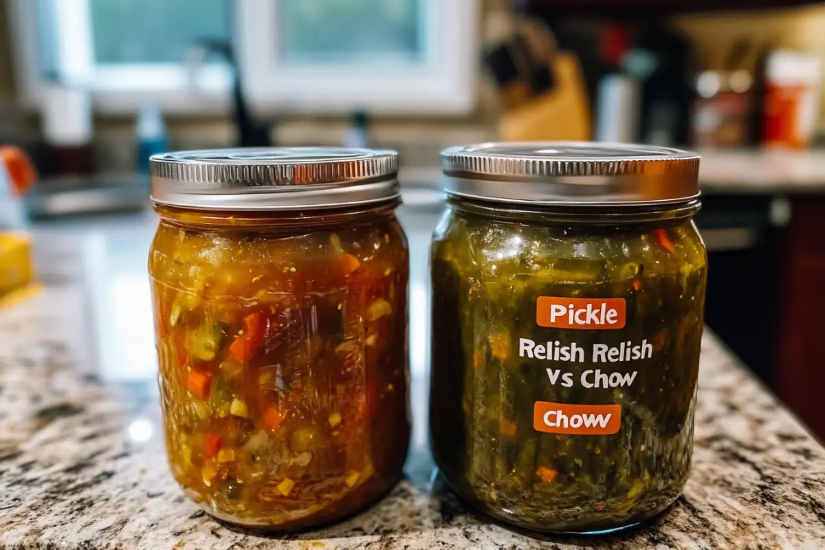 Pickle relish and chow chow jars side by side