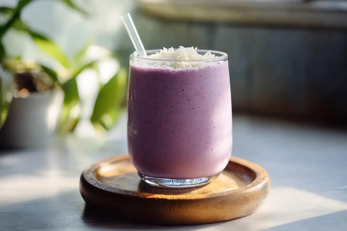 Is taro drink healthy? Purple taro beverage in a glass.