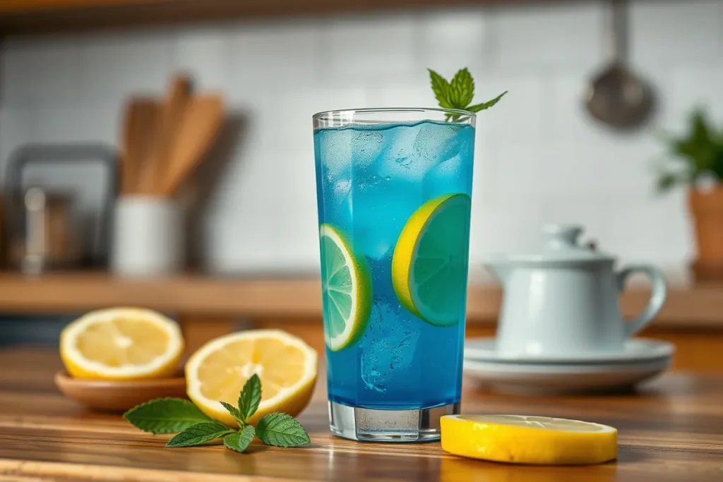 Glass of blue lemonade with lemon slices