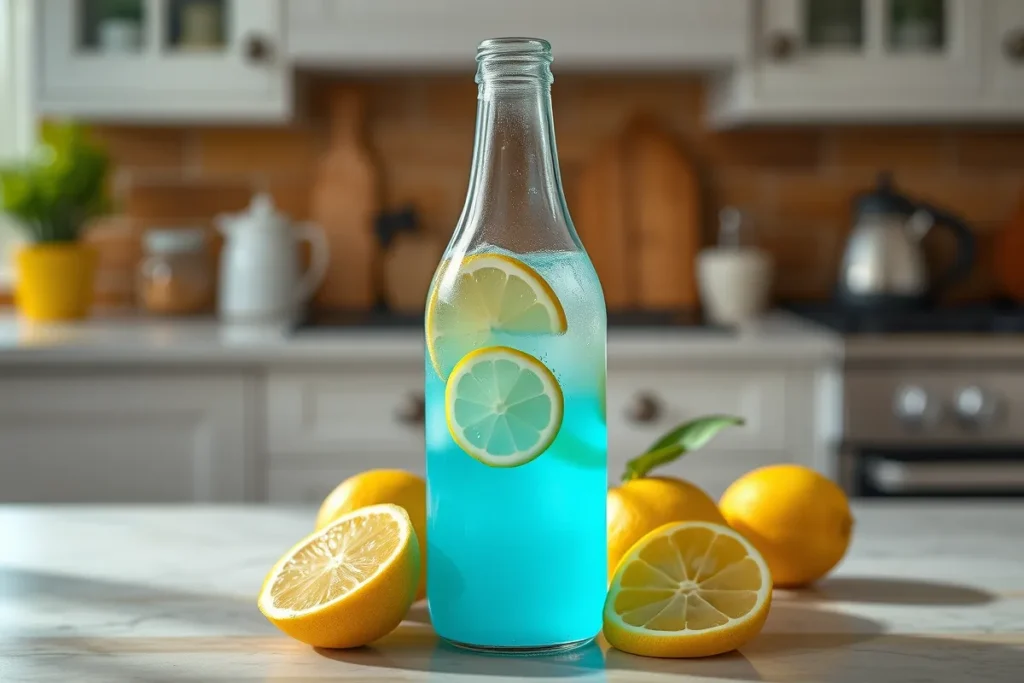 A chilled bottle of Calypso blue lemonade with blueberry garnish