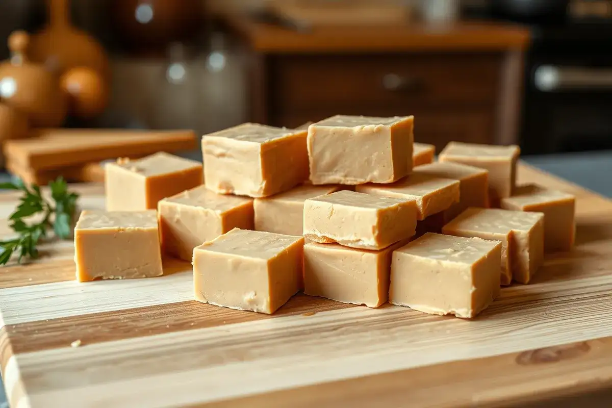 Smooth, creamy homemade fudge cut into squares on a cutting board