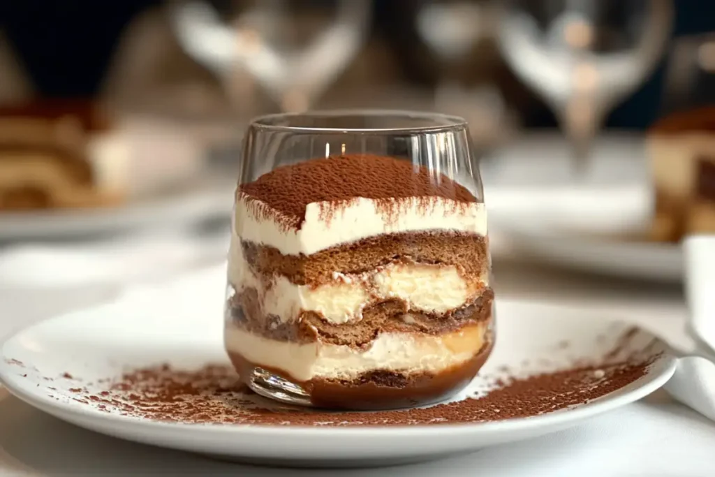 A delicious tiramisu served in a glass, perfect dessert after lasagna