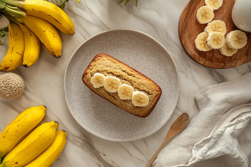 A top-down view of moist banana bread loaf on a kitchen counter, illustrating why does my banana bread not taste good?