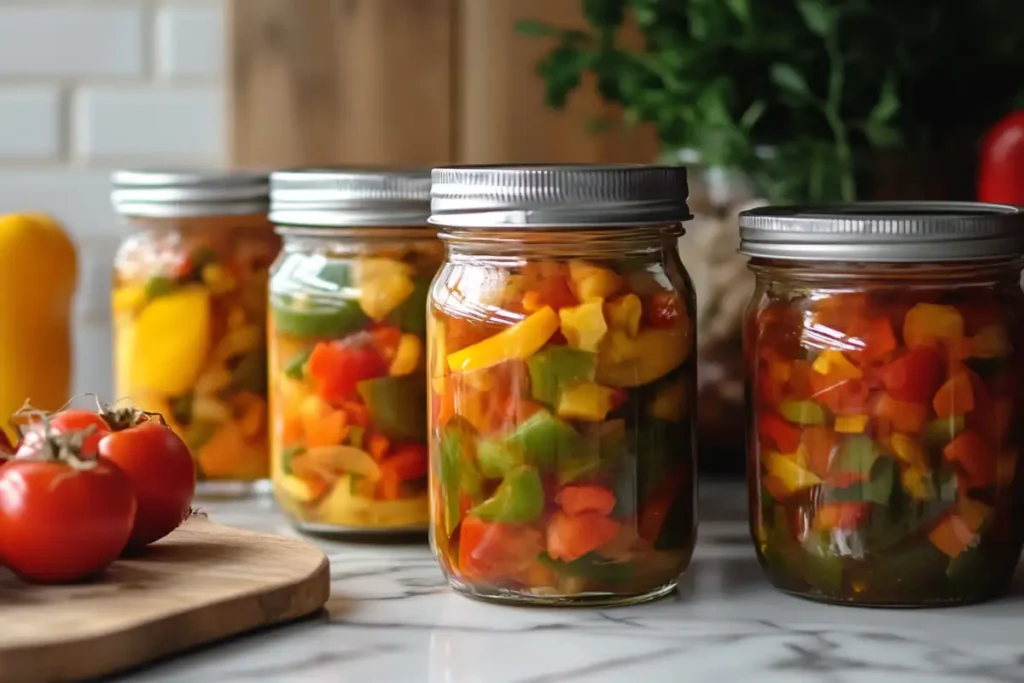 Amish chow chow relish made of mixed vegetables in a mason jar